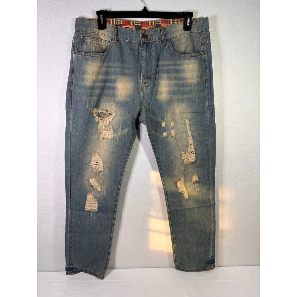 Fashion Jeans Mens 38 Distressed Ripped Denim Blue Straight Leg Skull Lining